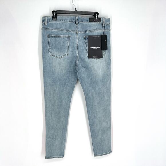 Homme + Femme NEW Tesla Skinny Blue Jeans Sz 38 Green Pink Gradient Logo Ribbon - Picture 4 of 8